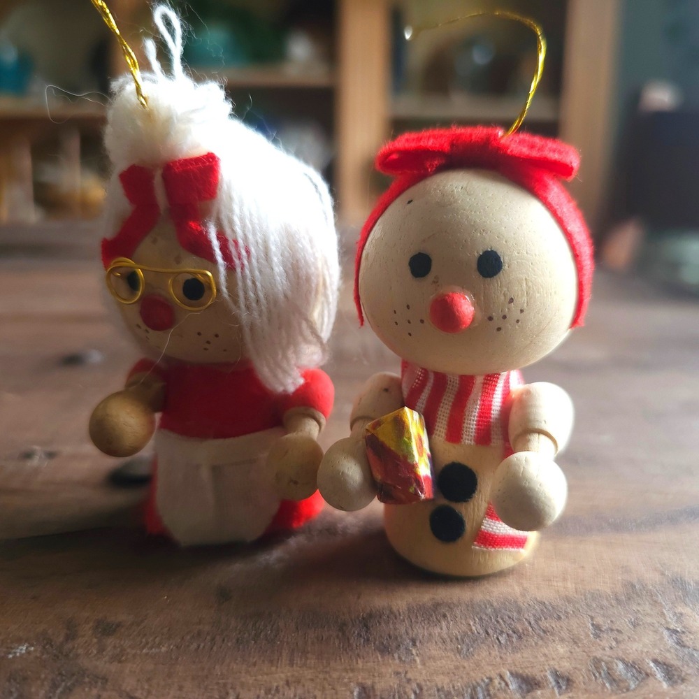 Vintage 1960s Wooden Christmas Ornaments Mrs Claus Snowman Hand Painted Set of 2